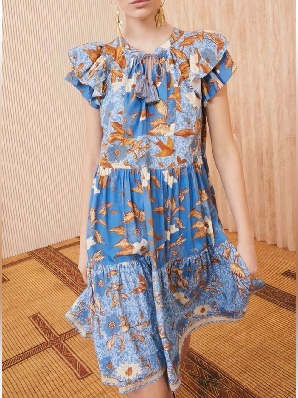 Ulla Johnson Blue Floral Tiered Midi Dress Ruffle Sleeve Size 16